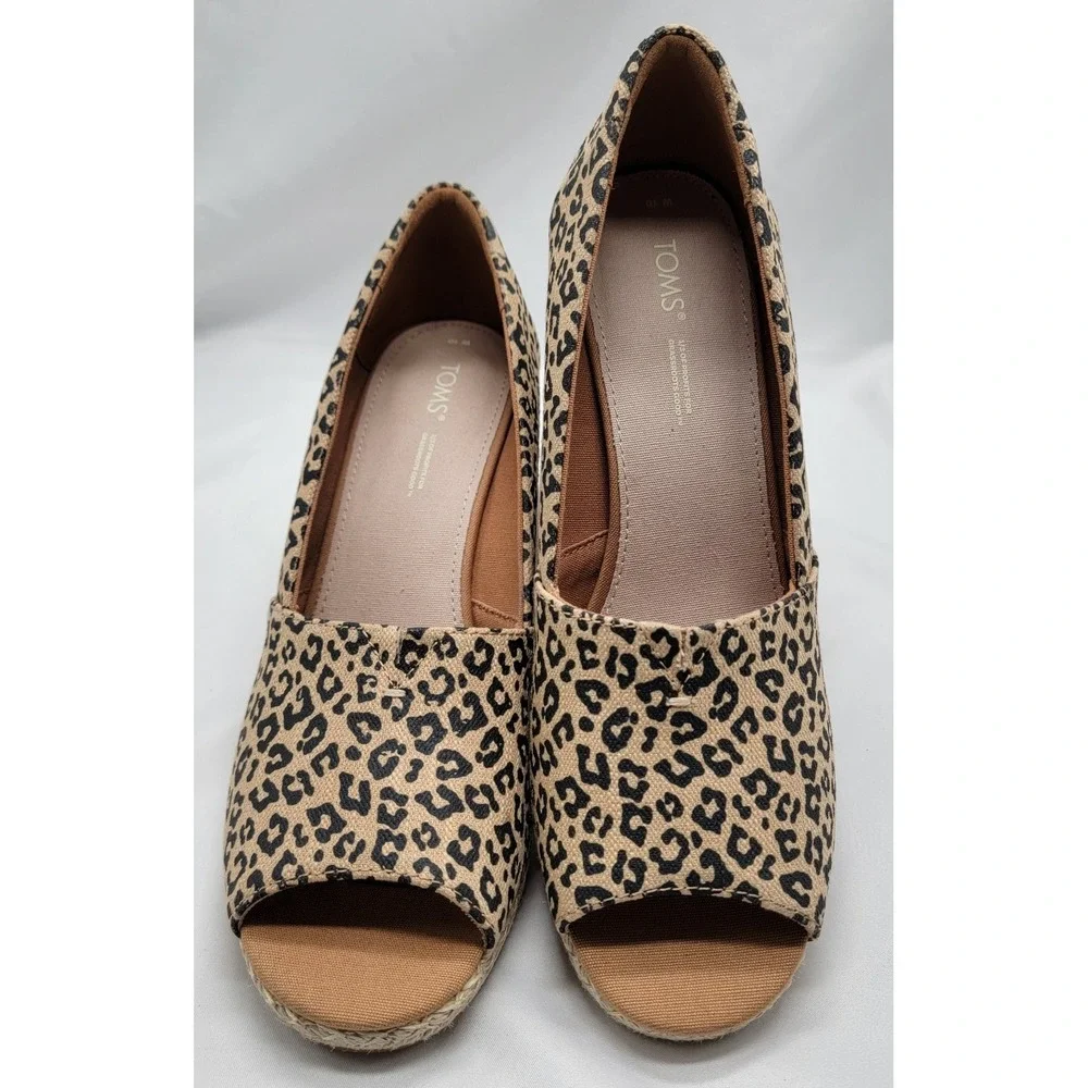 TOMS Michelle Espadrille Wedge Sandals Cheetah Print Women's Peep Toe Slip-On